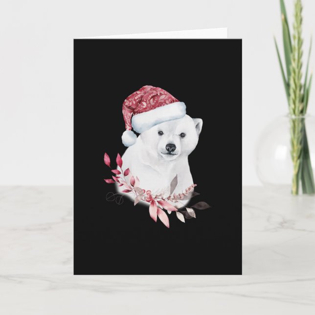 Carte Bébé ours blanc portant un chapeau de Noël (Devant)