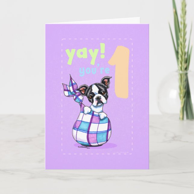 Carte Bébé Premier anniversaire Âge 1 Boston Chiot (Devant)