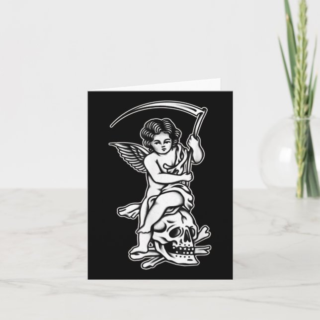 Carte Bébé Reaper Skull Scythe Blackwork Tattoo Flash (Devant)