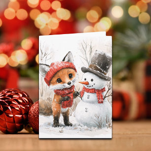 Carte Bébé Renard et Bonhomme de Neige