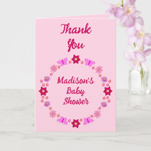 Carte Bébé rose Baby shower papillons et fleurs (Orchidée)