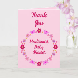Carte Bébé rose Baby shower papillons et fleurs