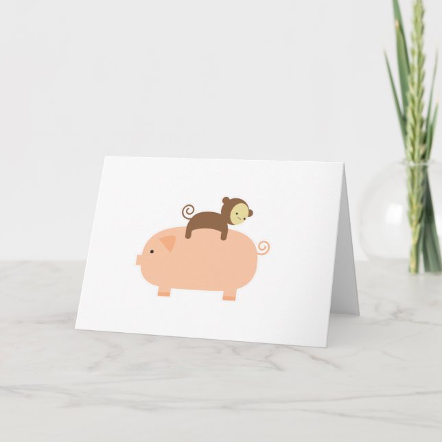 Carte Bébé singe équitation sur un cochon (Devant)
