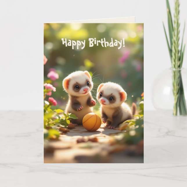 Carte Bébés furets mignons jouant avec un ballon, annive (Devant)