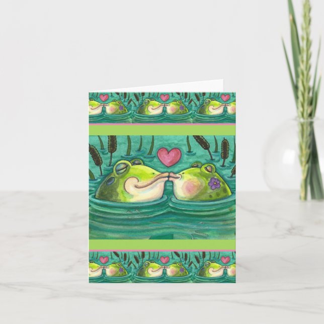 CARTE BÉBÉS GRENOUILLES COLORÉS & ROMANCE ÉTANG MIGNON,  (Devant)