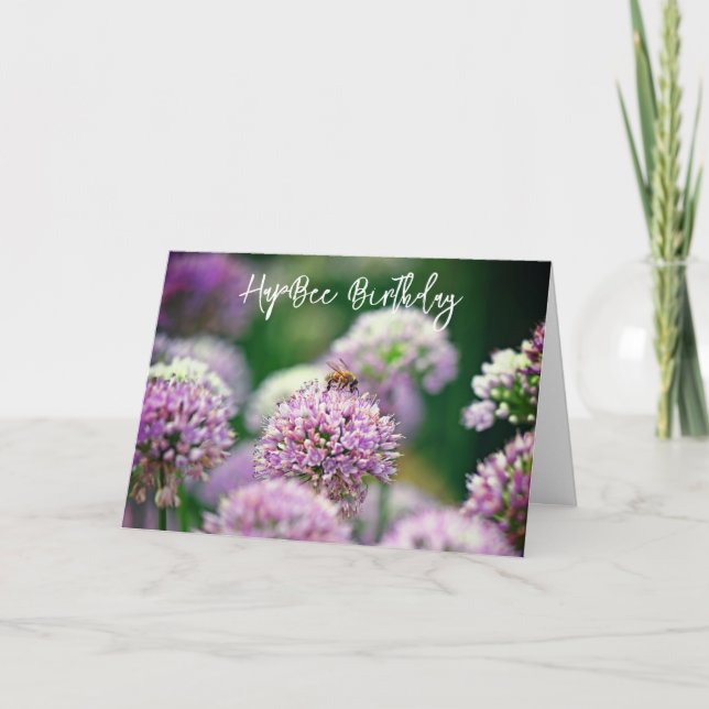 Carte Bee Happy avec Fleur Allium violet Anniversaire (Devant)