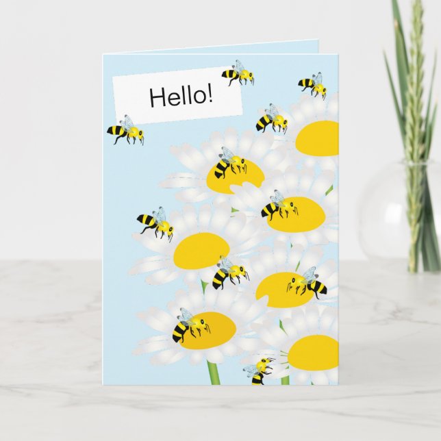 Carte Bee on Flower Greeting Card - Arrière - plan bleu (Devant)