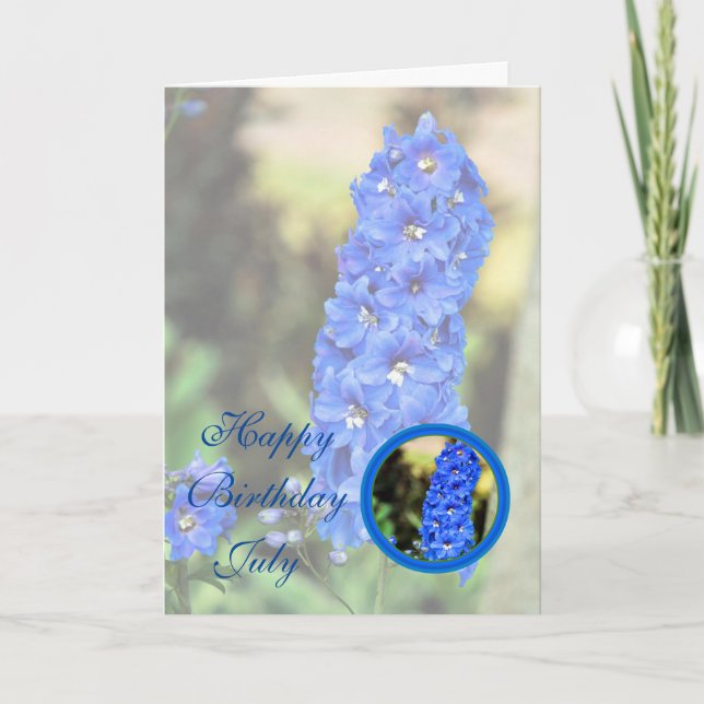 Carte Bel anniversaire bleu de fleur de pied-d'alouette (Devant)