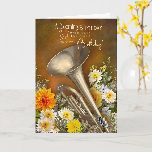 Carte Belated Birthday with Trumpet Music Theme Card (Fleur jaune)