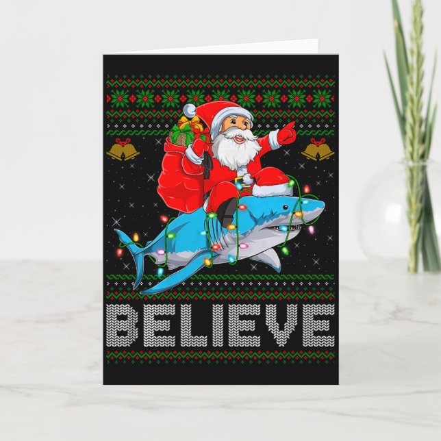Carte Believe Xmas Funny Santa Riding Shark Ugly Christm (Devant)