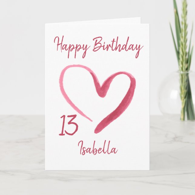 Carte Belle Aquarelle rose Coeur 13e Anniversaire (Devant)