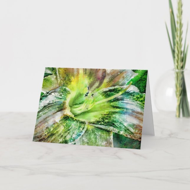 Carte Belle Artsy Lily Flower en Green Art Note Card (Devant)