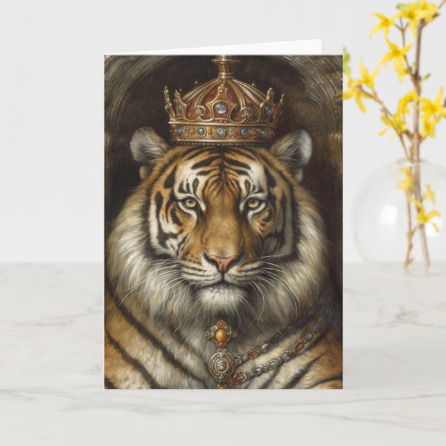 Carte Belle Big Cat dans une couronne en toutes occasion (Fleur jaune)