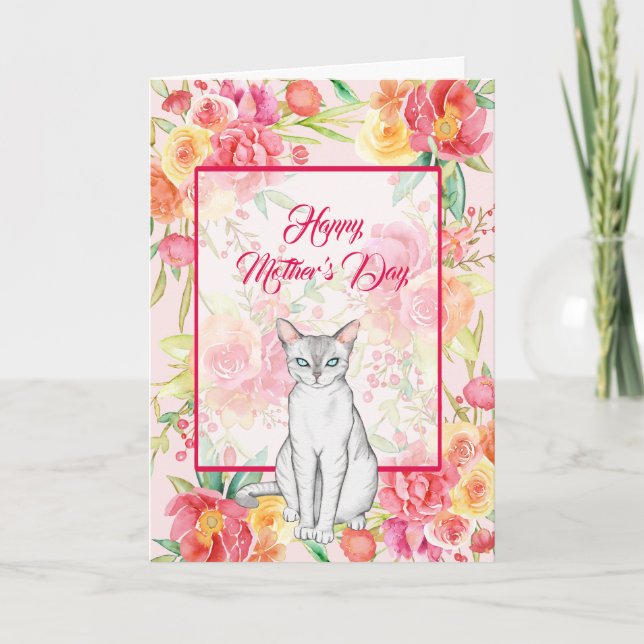 Carte Belle Chat Blanc avec Fleurs Aquarelles (Devant)
