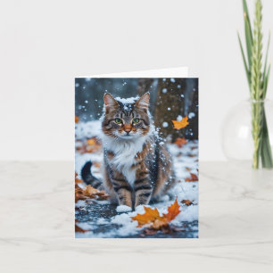 Carte Belle chatte tabby grise feuilles d'automne vierge