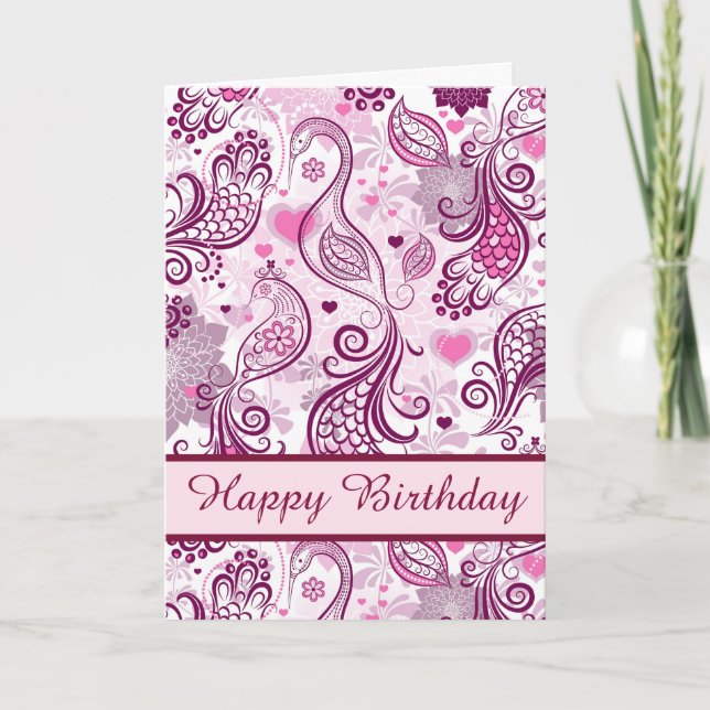 Carte Belle conception d'oiseaux roses Joyeux anniversai (Devant)