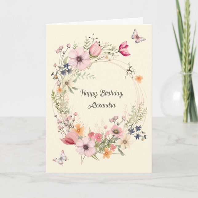 Carte Belle couronne florale et papillons Anniversaire (Devant)