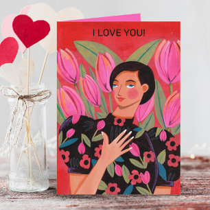 Carte Belle femme avec coeur de tulipe Saint-Valentin