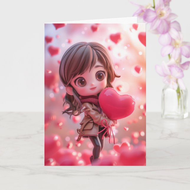 Carte Belle femme de Chibi tenant un coeur (Orchidée)