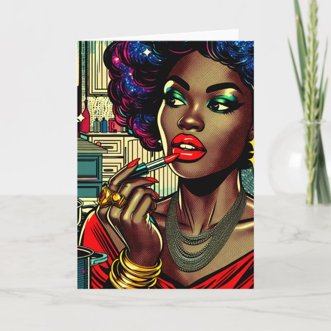 Carte Belle Femme Se Mettant du Rouge à Lèvres (Devant)