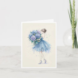 Carte Belle fille avec un gros bouquet de fleurs