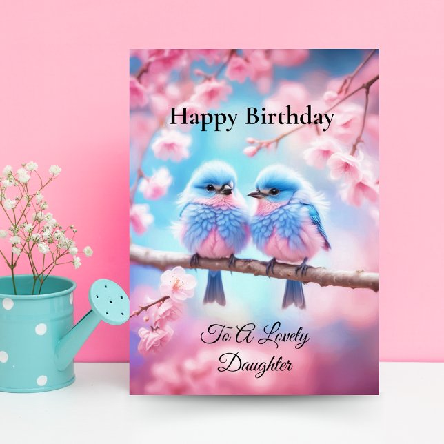 Carte Belle fille Pastel Fluffy Bluebirds Anniversaire (Charming daughter's birthday: Fluffy bluebirds and cherry blossoms in pastel hues.)