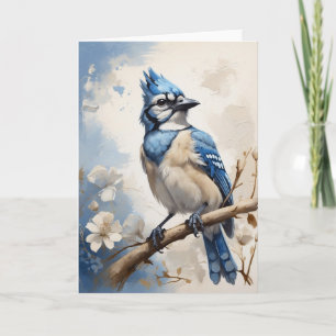 Carte Belle Jay Bleu assise sur des fleurs d'arbre blanc
