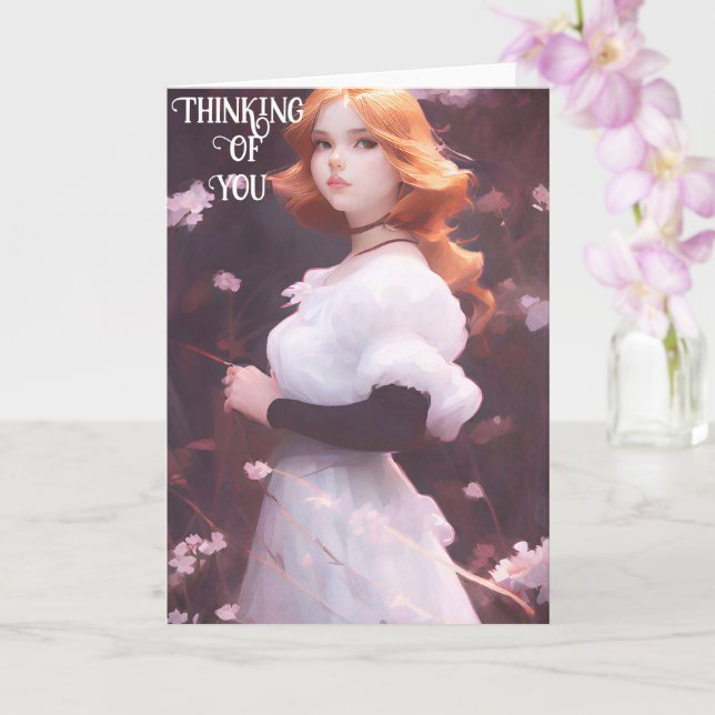 Carte Belle Jeune Fille Parmi Les Fleurs Roses Portrait (Orchidée)