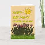 Carte Belle-soeur Sun de joyeux anniversaire et fleurs<br><div class="desc">Une carte de joyeux anniversaire pour encourager n'importe quelle belle-soeur - champ des tulipes avec un Sun heureux dans le ciel - texte d'intérieur peut être changée pour adapter à vos besoins.</div>