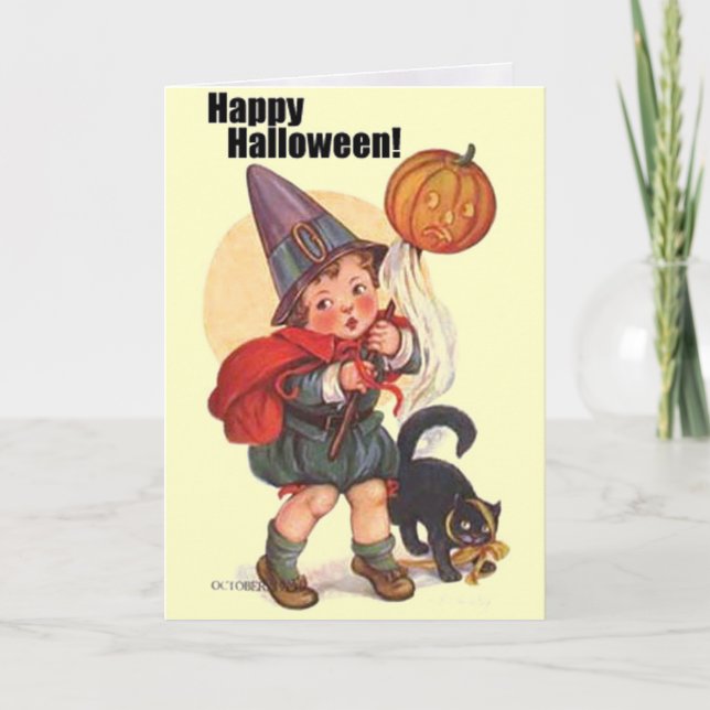 Carte Belle Vintage Joyeuse Halloween Trick ou Traiteuse (Devant)