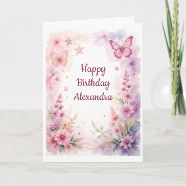 Carte Belles fleurs et papillons à l'aquarelle (Devant)