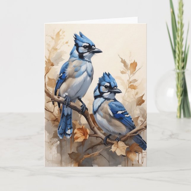 Carte Belles Jays Bleus assis sur le flanc d'arbre (Devant)