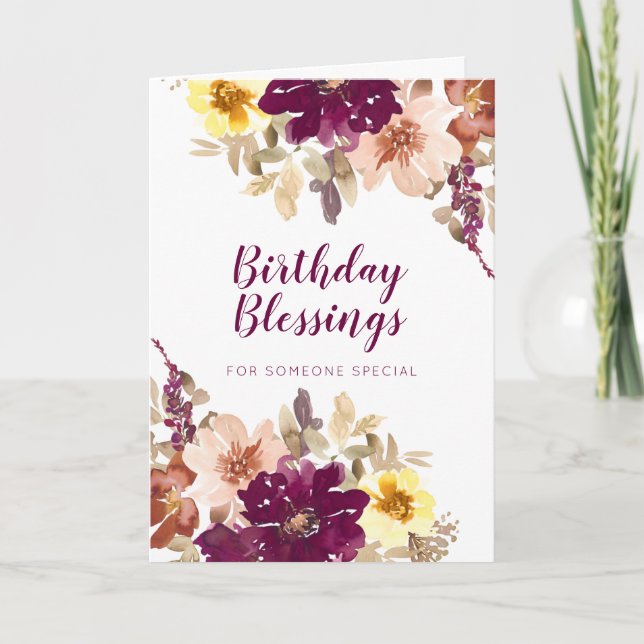 Carte Bénédiction d'anniversaire Plum Aquarelle Floral (Devant)