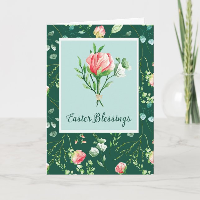 Carte Bénédiction de Pâques avec fleurs sur vert foncé (Devant)