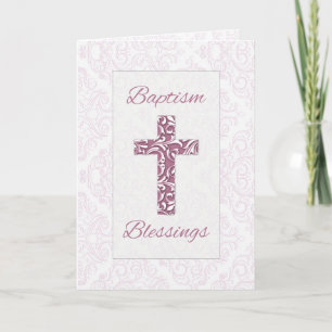 Carte Bénédictions de baptême fille Croix damassée Tourb