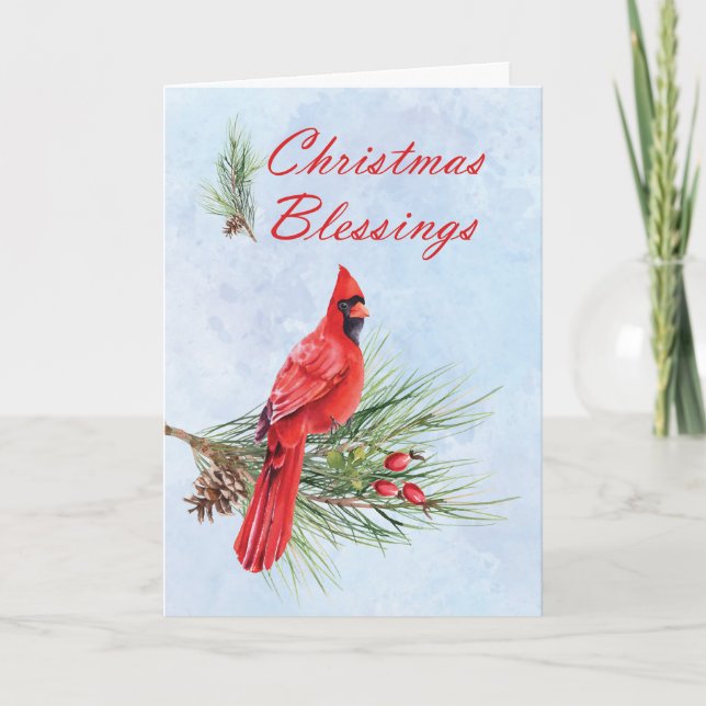 Carte Bénédictions de Noël Cardinal Rouge sur une Branch (Devant)