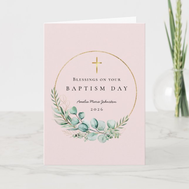 Carte Bénédictions pour baptême botanique rose (Devant)
