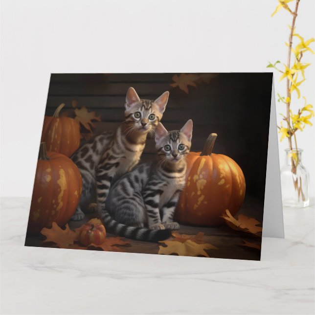 Carte Bengal Kitten Automne Citrouille de plaisir (Fleur jaune)