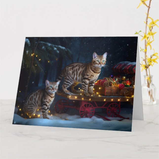 Carte Bengale Chat Snowy Sleigh Ride Décor de Noël (Fleur jaune)