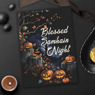 Carte Béni Samhain Night Leaves et Citrouilles