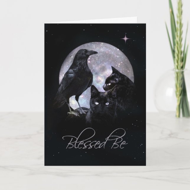 Carte Béni Sois Corbeau et Chat Noir Wicca Anniversaire (Devant)