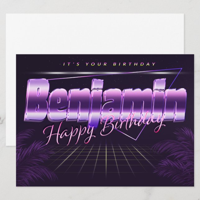 Carte Benjamin Nom Prénom lila retro Anniversaire de la  (Devant / Derrière)