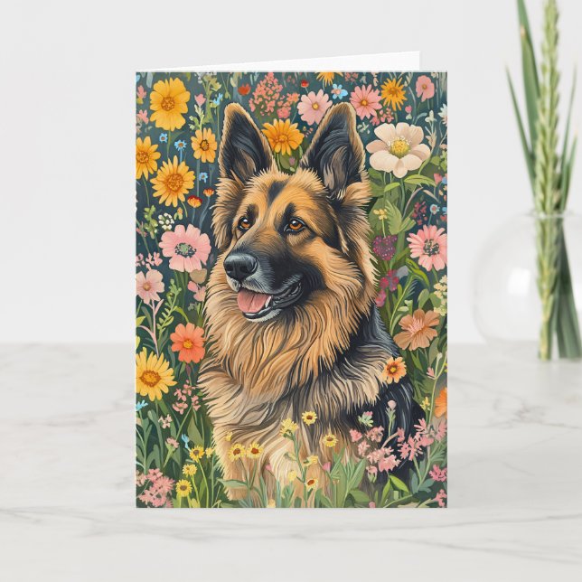 Carte Berger allemand Whimsical dans un jardin de fleurs (Devant)