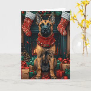 Carte Berger belge Malinois avec des cadeaux de Noël Che