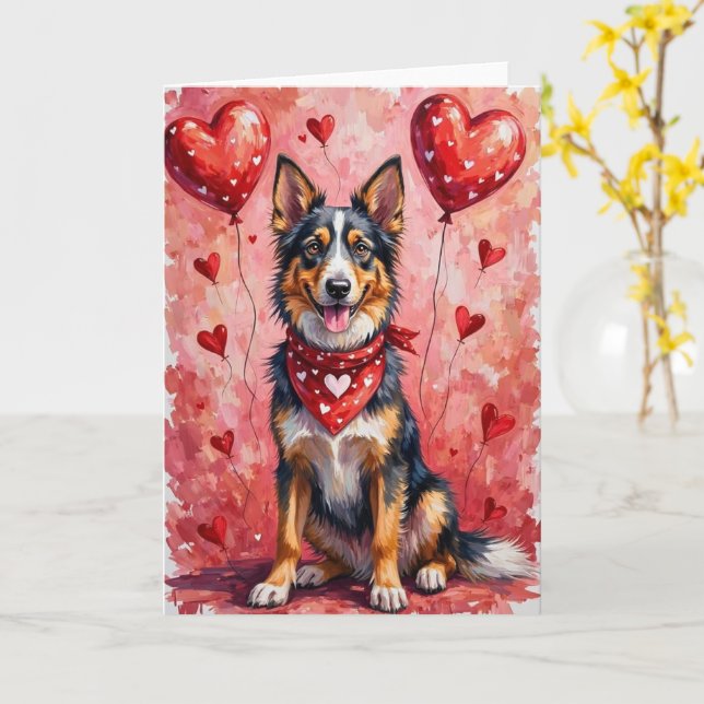 Carte Berger bohémien Saint-Valentin Chien assis avec cœ (Fleur jaune)