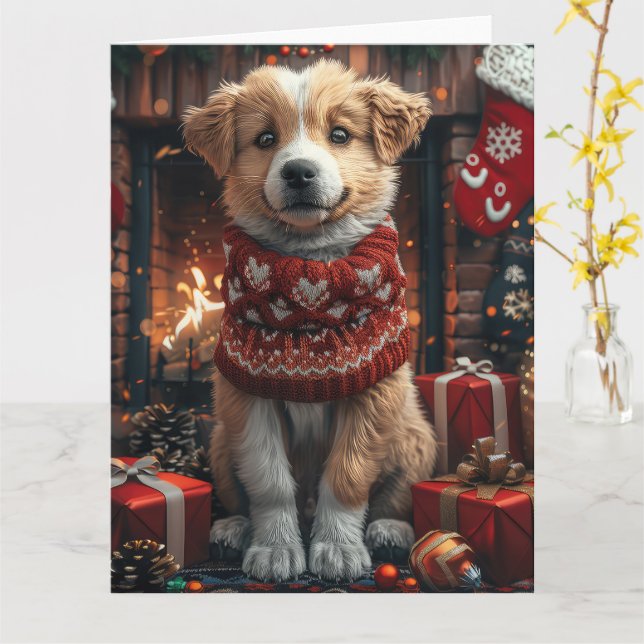 Carte Berger d'Anatolie avec cheminée de cadeaux de Noël (Fleur jaune)