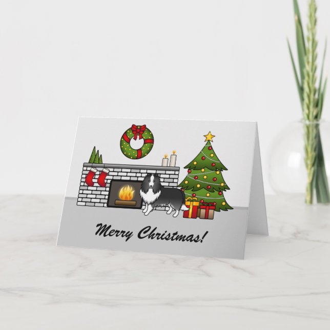 Carte Berger Sheltie Bi-Noir Dans Une Chambre De Noël &  (Devant)