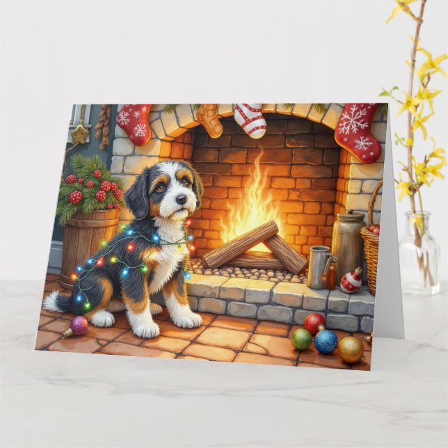 Carte Bernedoodle Cheminée avec Lumières de Noël (Fleur jaune)