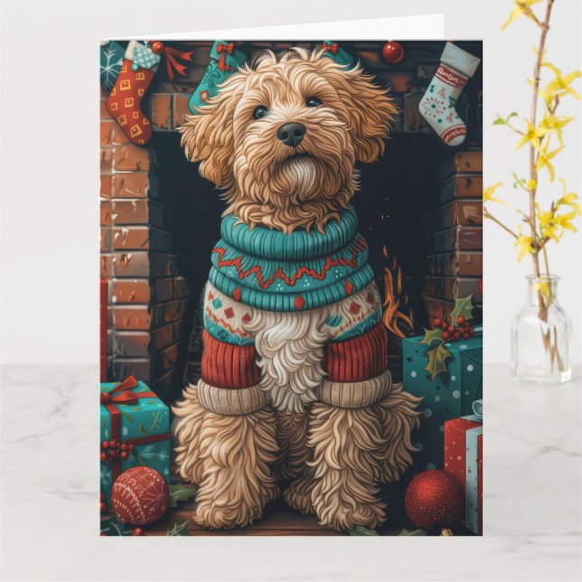Carte Bernedoodle Chien avec des Cadeaux de Noël Cheminé (Fleur jaune)