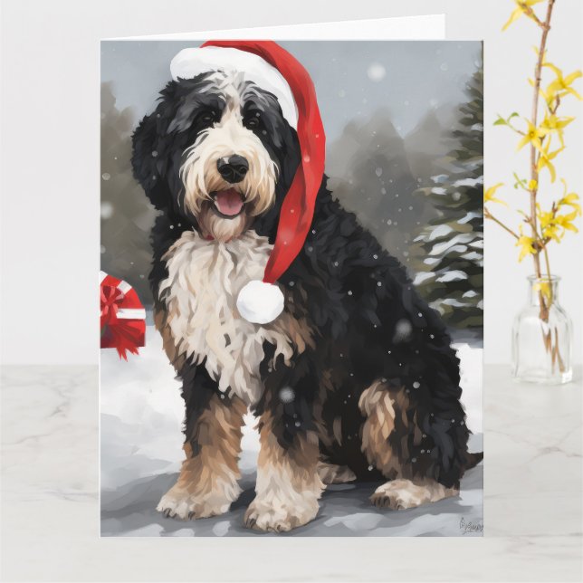 Carte Bernedoodle Chien dans Noël de neige (Fleur jaune)